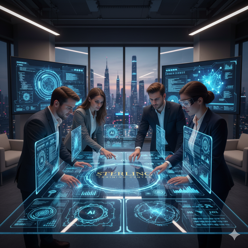 Corporate team collaborating around data visualization — Sterling Training Center Framework